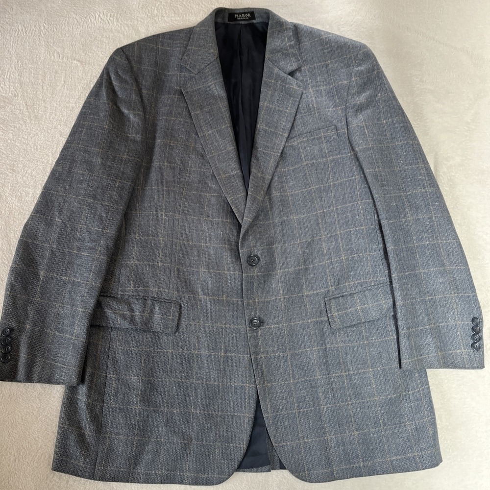 Jos A Bank Blue Glen Plaid Windowpane Silk Linen Sport Coat Tailored Fit 44 Long - Picture 2 of 5